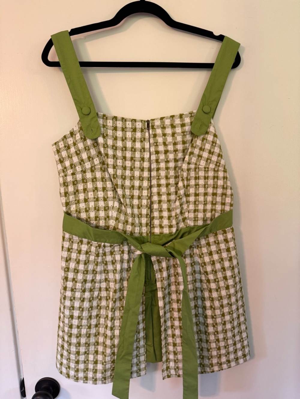 Smak Parlour Olive Green Gingham Skirted Romper with Tie Waist